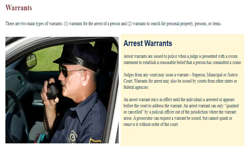 A screenshot from Maricopa county sheriff's office website's warrants page showing a picture of a cop and a description of arrest warrants.