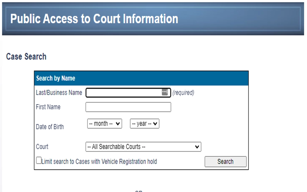 A screenshot from Arizona judicial branch website's public access to court information page showing an empty search by name criteria.