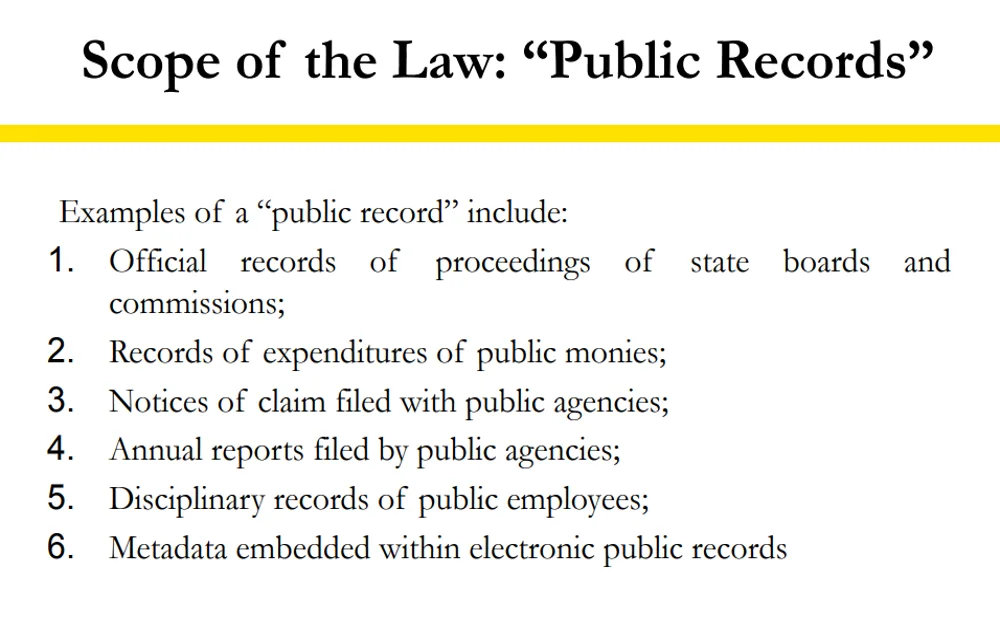 A screenshot of the Arizona scope of the law, public records, showing six examples of a public record, such as official records of proceedings of state boards and commissions; records of expenditures of public monies; notices of claim filed with public agencies; annual reports filed by public agencies; disciplinary records of public employees; and metadata embedded within electronic public records.