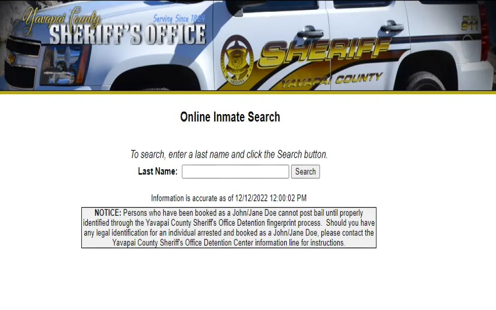 A screenshot from Yavapai county sheriff's office website's online inmate search page showing an empty last name search bar.