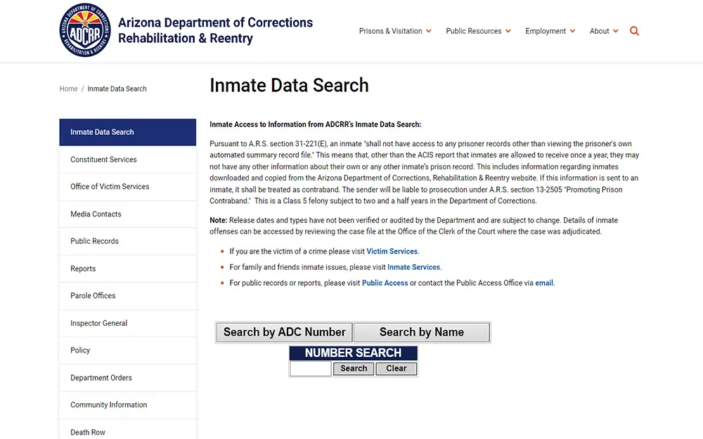 A screenshot from Arizona department of corrections rehabilitation and reentry website's inmate data search page showing an empty number search bar.