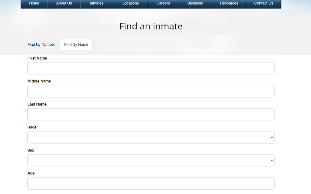 A screenshot from the Federal Bureau of prisons website's find an inmate page showing an empty search criteria.