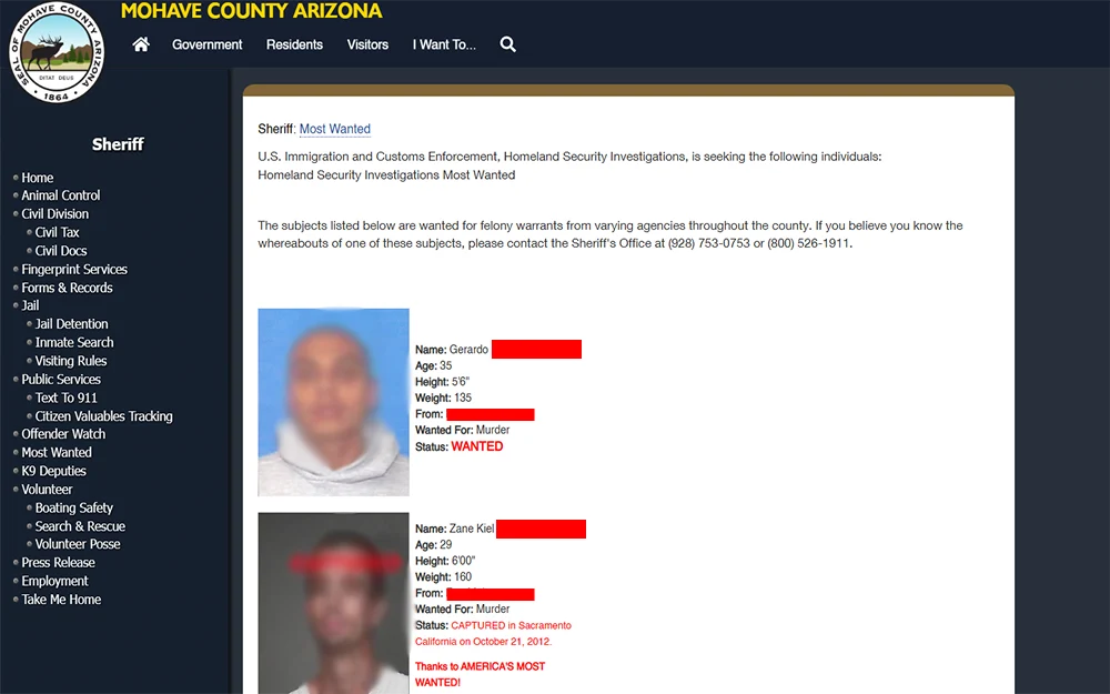 A screenshot from Mohave county Arizona websites' sheriff most wanted list page.