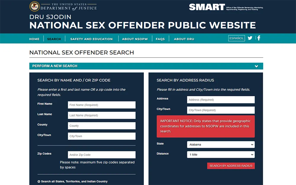 A screenshot from the National sex offender public website showing empty search criterion.