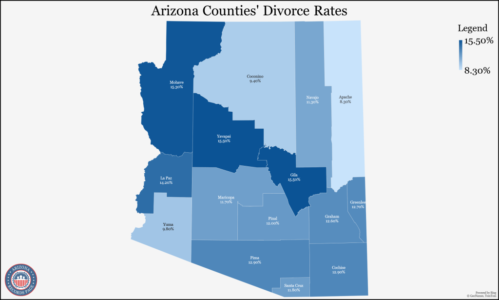 Map of Arizozna showing the counties' divorce rates (5-year estimates in 2021).