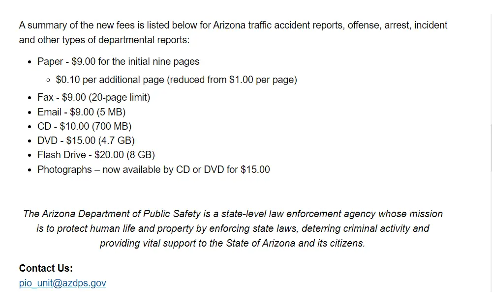 New Fee schedule required to lookup Arizona arrest records.
