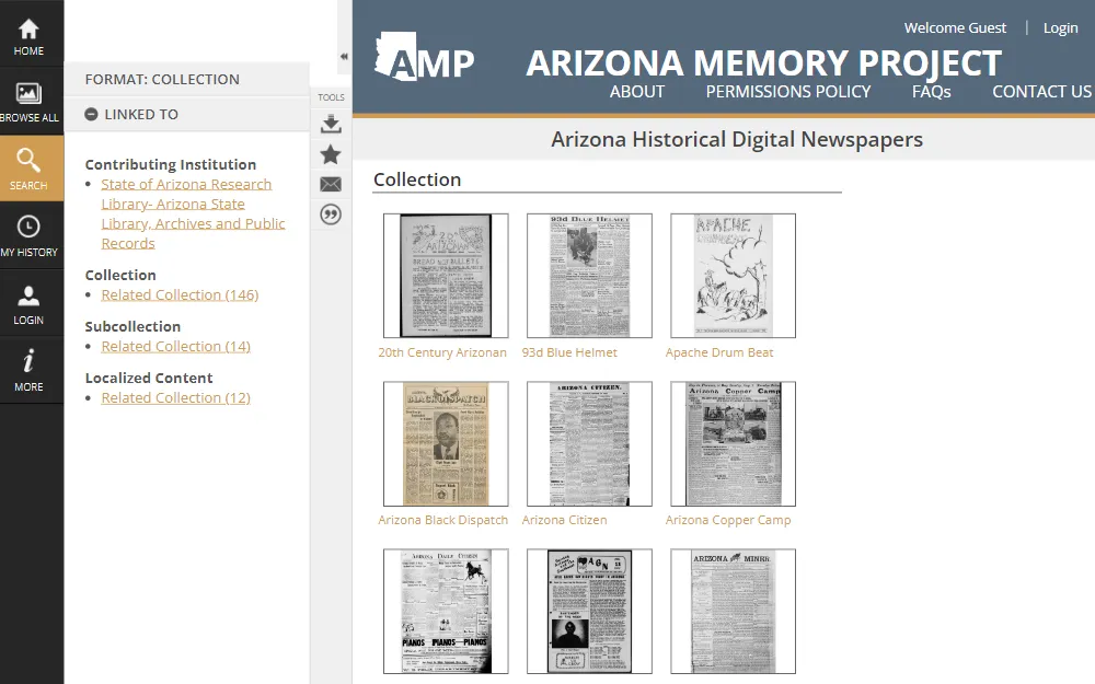 A screenshot of the database that has the largest collection of historic Arizona newspapers in the state spanning from the first Arizona newspaper published in 1859, to current titles.