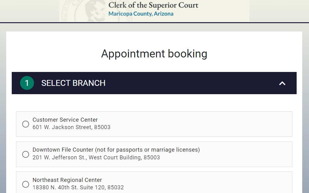 A screenshot of Maricopa County Clerk of Superior Court's appointment booking page requires searchers to select a branch first.