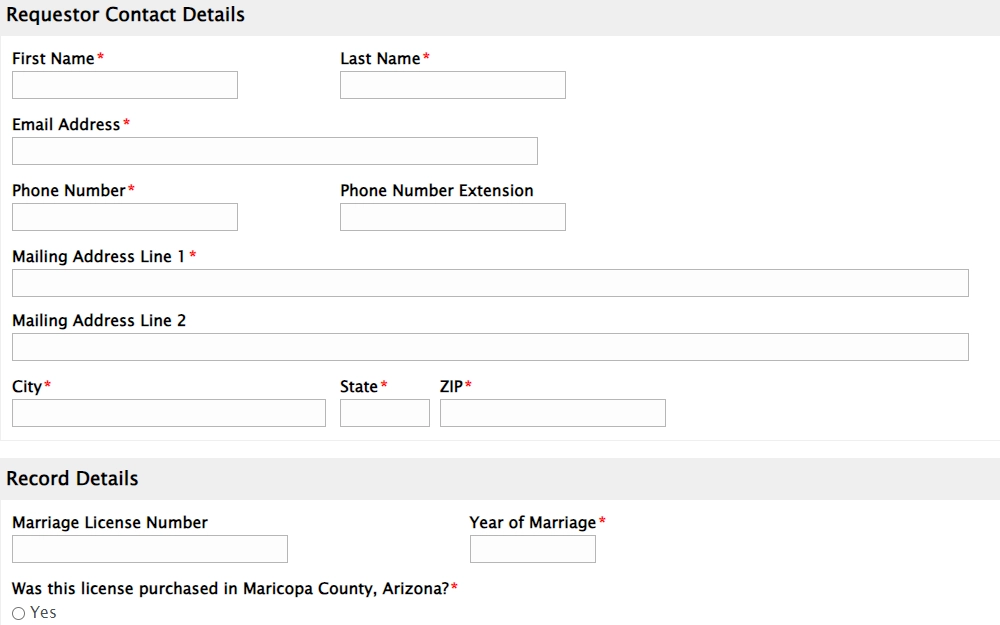 A screenshot from the Maricopa County Clerk of Court's Marriage License search page, requestor's information and record details are required to complete a search.