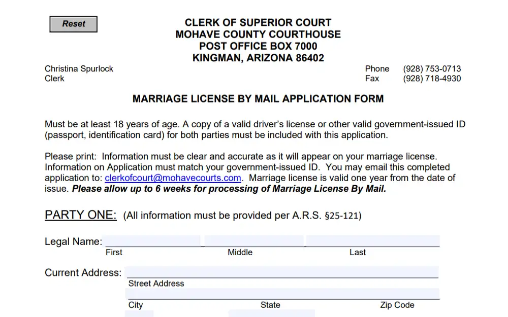 A screenshot of the Mohave County Courthouse Marriage License Mail Application Form displays the required information needed to complete the application, as well as the clerk's contact information.