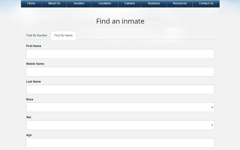 A screenshot displaying a find an inmate tool showing search criteria information such as first name, last name, middle name, age, race and sex from the Federal Bureau of Prisons website.