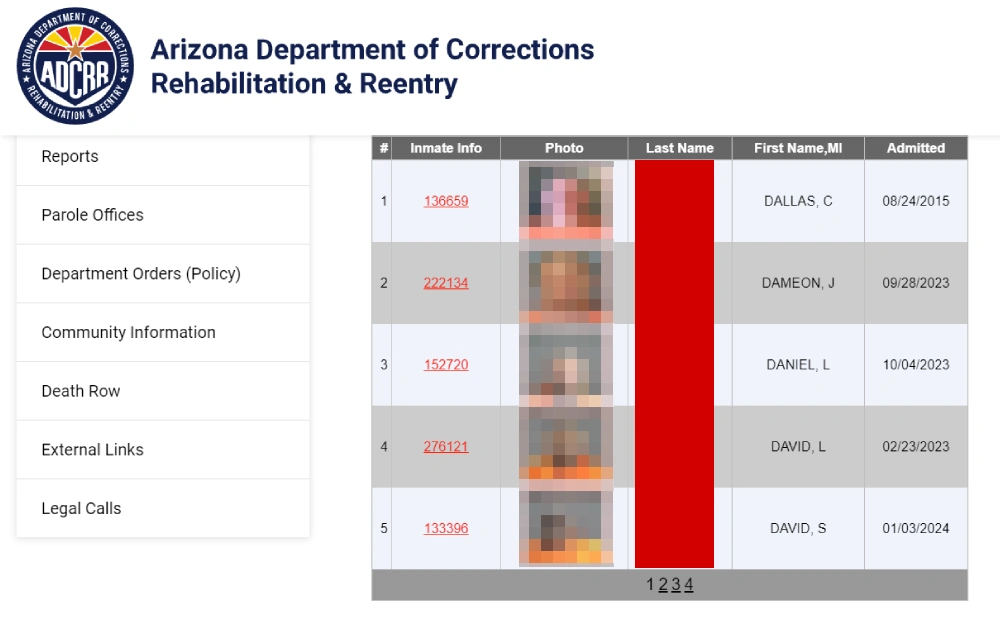 A screenshot showing an inmate data search results showing details such as inmate information, photo, last name, first name, middle name, and date admitted from the Arizona Department of Corrections, Rehabilitation & Reentry website.