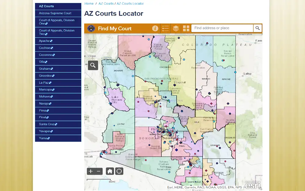 A screenshot of the AZ courts locator shows a movable map with locations such as Flagstaff, La Paz, Gila, Graham, Apache, and Navajo.