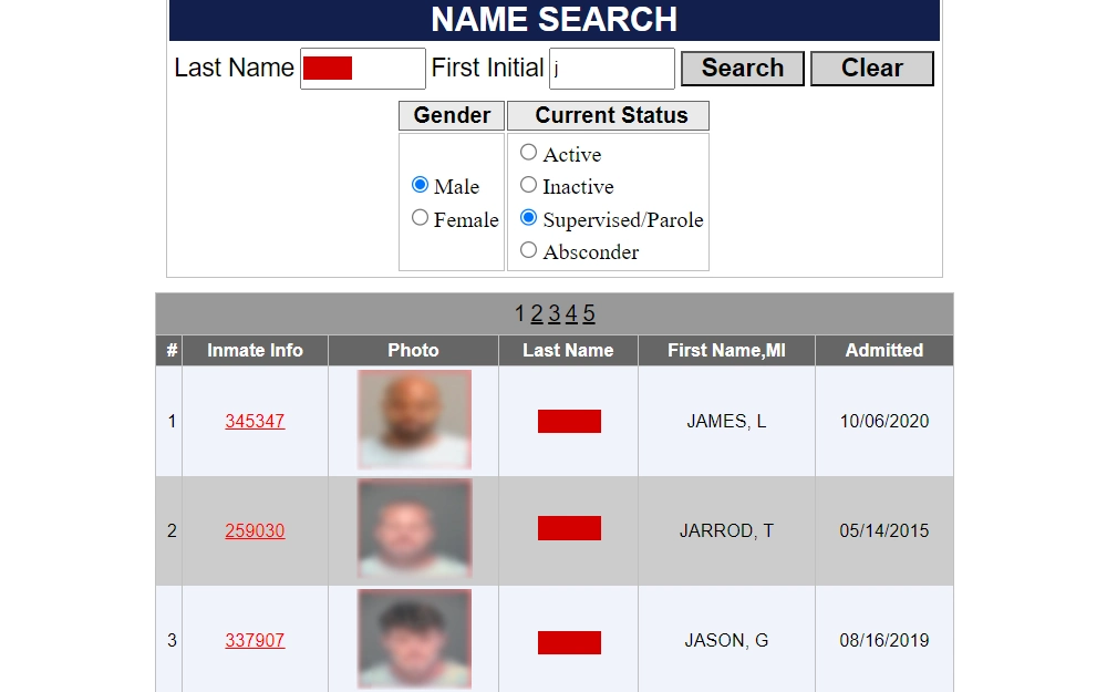 Screenshot of the name search tool from the Department of Corrections of Arizona along with the prompted search and results, listing the inmates' numbers, photographs, names, and admission dates.