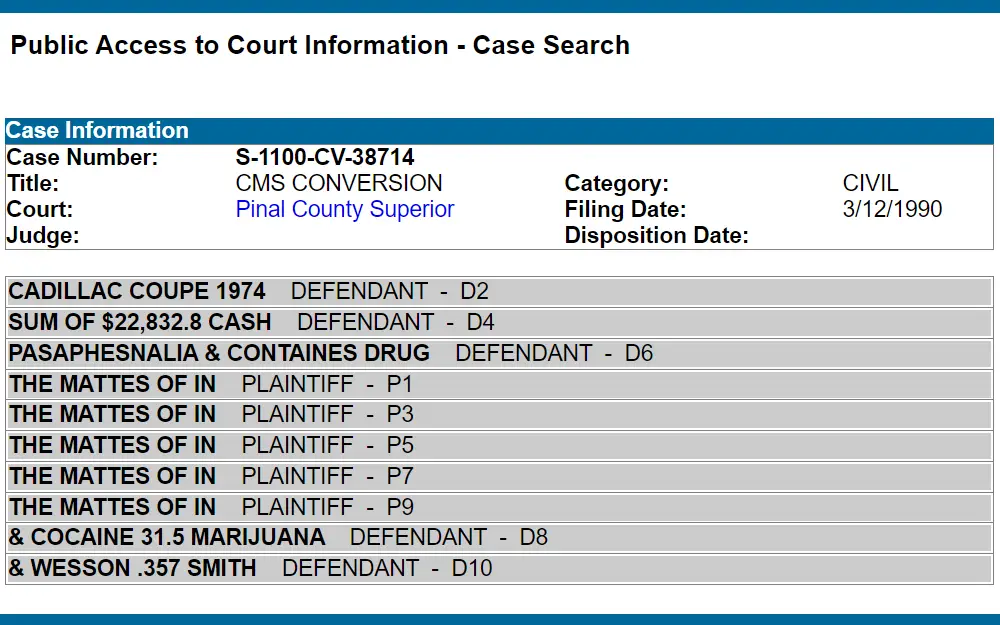 Screenshot of the printer friendly version of the case detail of an offender displaying the case number, title, court, judge, category, filing date, disposition date, and offenses.