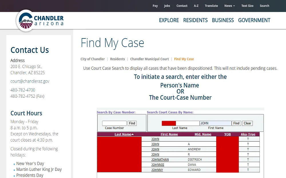 A screenshot showing the Find My Case court case search toolbar by case number or name and search results displaying information such as last, first, and middle name, year of birth, and others.
