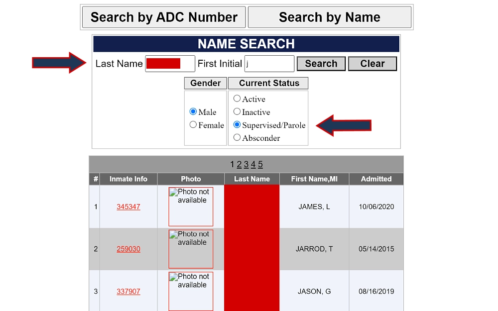 A screenshot of a search by name tool of the Arizona Department of Corrections, Rehabilitation &amp; Reentry, where you enter the last name, first initial, select gender and current status on the criteria and display results showing the inmate number, photo if available, complete name and date admitted.
