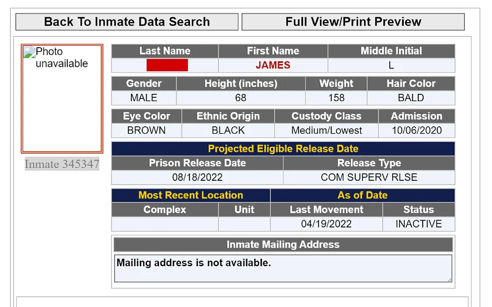 A screenshot of the inmate's data search tool of the Arizona Department of Corrections, Rehabilitation &amp; Reentry displaying the photo (if available), inmate's number, gender, complete name, hair and eye color, ethnic origin and custody class.