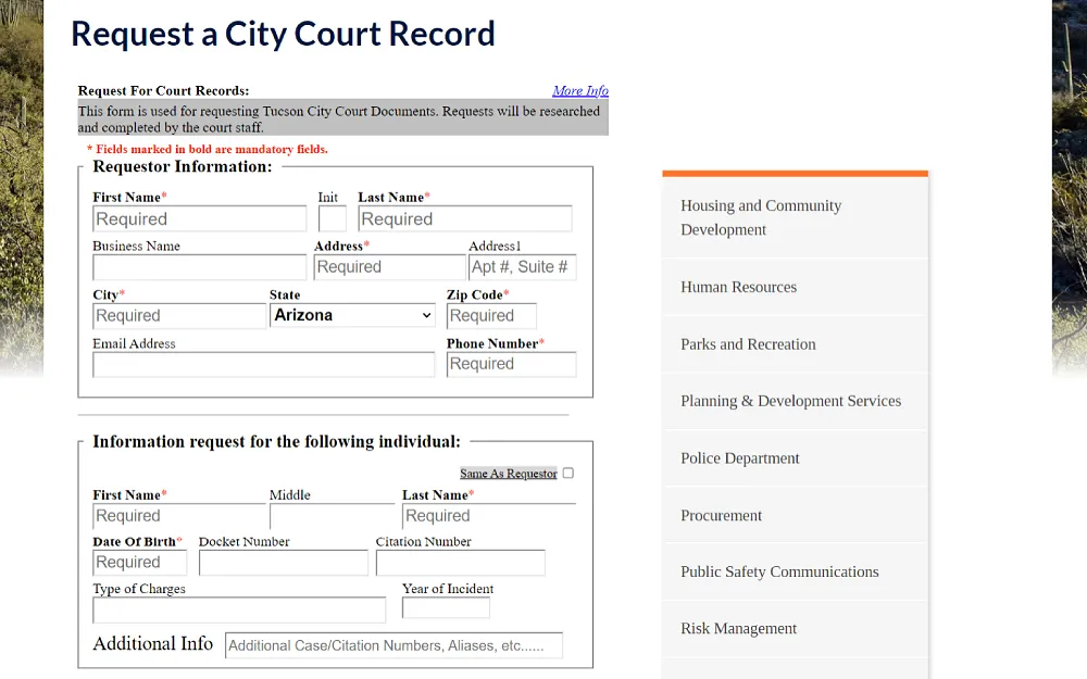 A screenshot shows the city court record request online form, which must be filled out with the requestor's details, such as first and last name, middle initial, business name, address, state, zip code, phone number, and email address.
