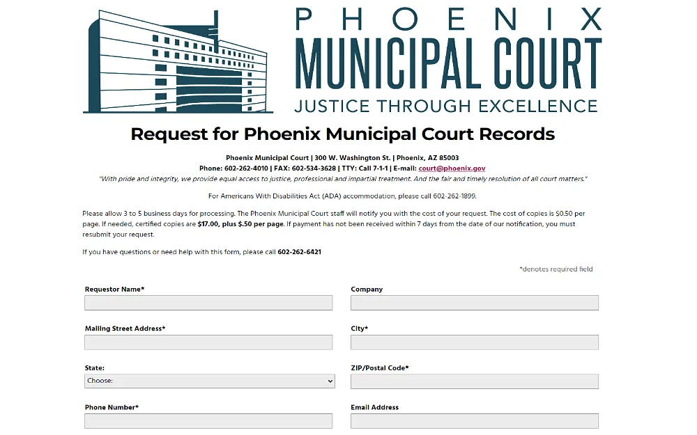 A screenshot displaying a Phoenix Municipal court records request with information to be filled out, such as the requestor's name, company, mailing street address, city, state, ZIP or postal code, phone number, and email address.