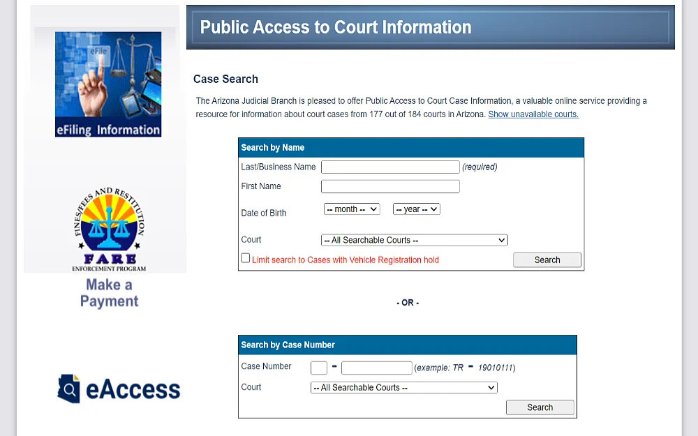 A screenshot showing the Arizona Judicial Branch website's case search shows the search by name or case number option.